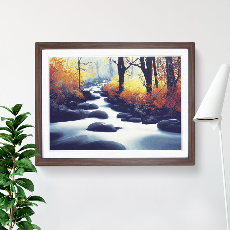 Autumn Forest Stream Vol.2 - Single Picture Frame Print, 25cm H x 34cm W x 2cm D, Walnut Framed