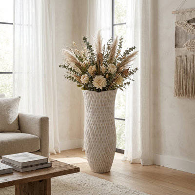 Textured Patterned Terracotta Pottery Flower Vase for Home Decor - Aristic Tall Table Vase for Living Room or Shelf Accent Styling - Ivory & White