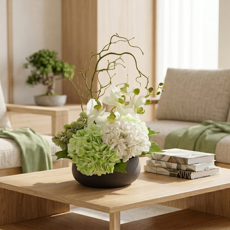 Organic Modern Arrangement with Orchids and Hydrangeas, Light Green