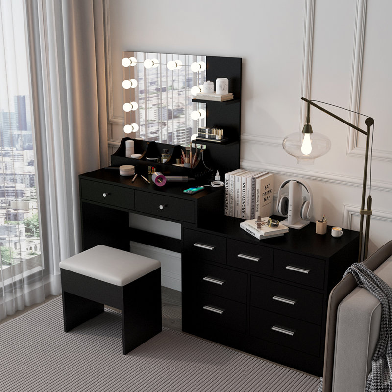 Makeup Vanity With Lights, Charging Station And Mirror, Chrome, Black