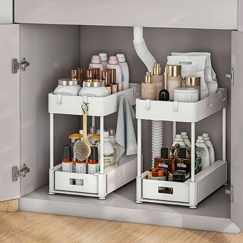 2-Pack Heavy Duty Under Sink Organizer With Sliding Drawers - Adjustable Hooks, Double Storage Rack Cabinet Shelving White