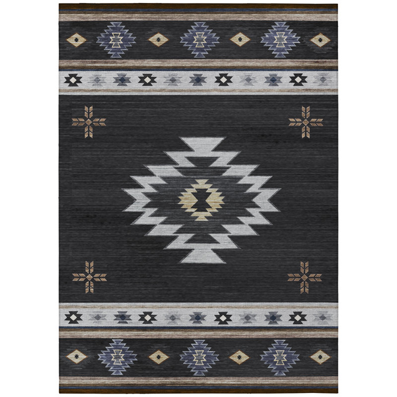 Tapis noir / bleu / blanc en polyester tissé à la machine Bilyeu Southwestern, Rectangle 9 pi x 12 pi