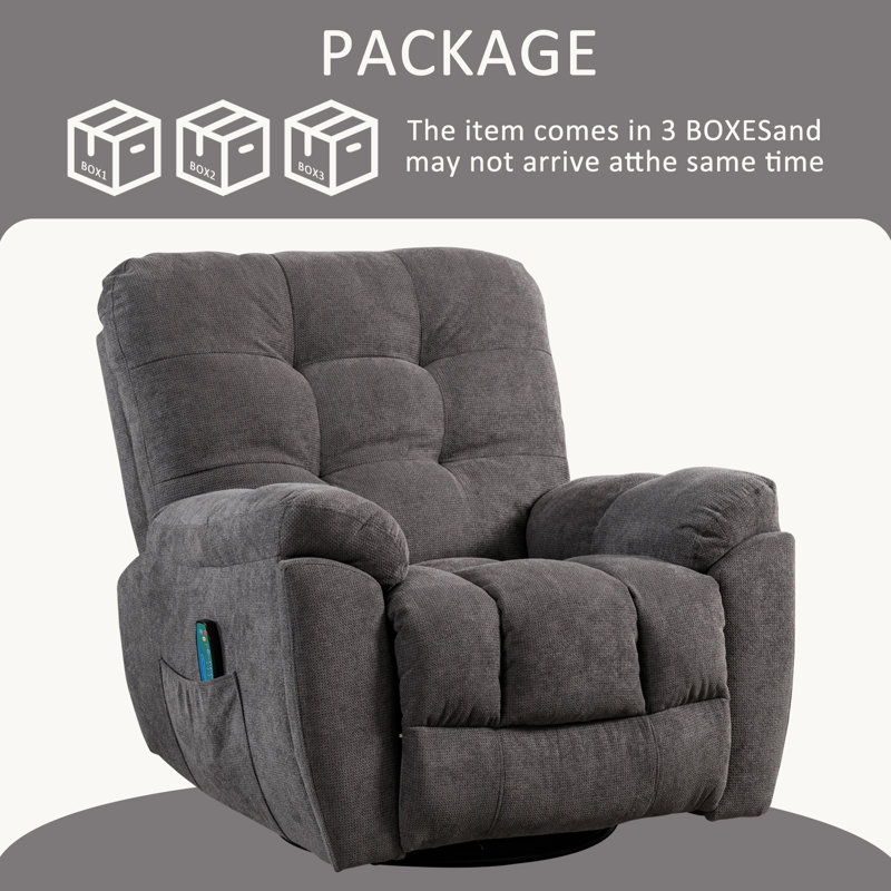 Fauteuil inclinable manuel pivotant surdimensionné de 39,8 po avec massage et chauffant, Gris