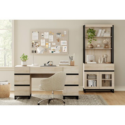 Ensemble de mobilier de bureau WAMPAT: bureau de direction moderne 59 po avec station de charge et tiroirs et bibliothèque de 72 po de hauteur avec armoire de rangement, mobilier de bureau personnel pour le salon