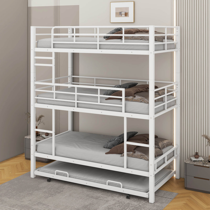 Twin Size Metal Triple Bunk Bed With Trundle, White
