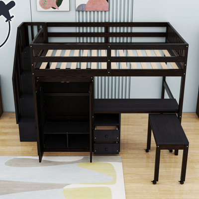 Wood Loft Bed With Storage Drawers, Stairs, Desk And Guardrails by Harriet Bee