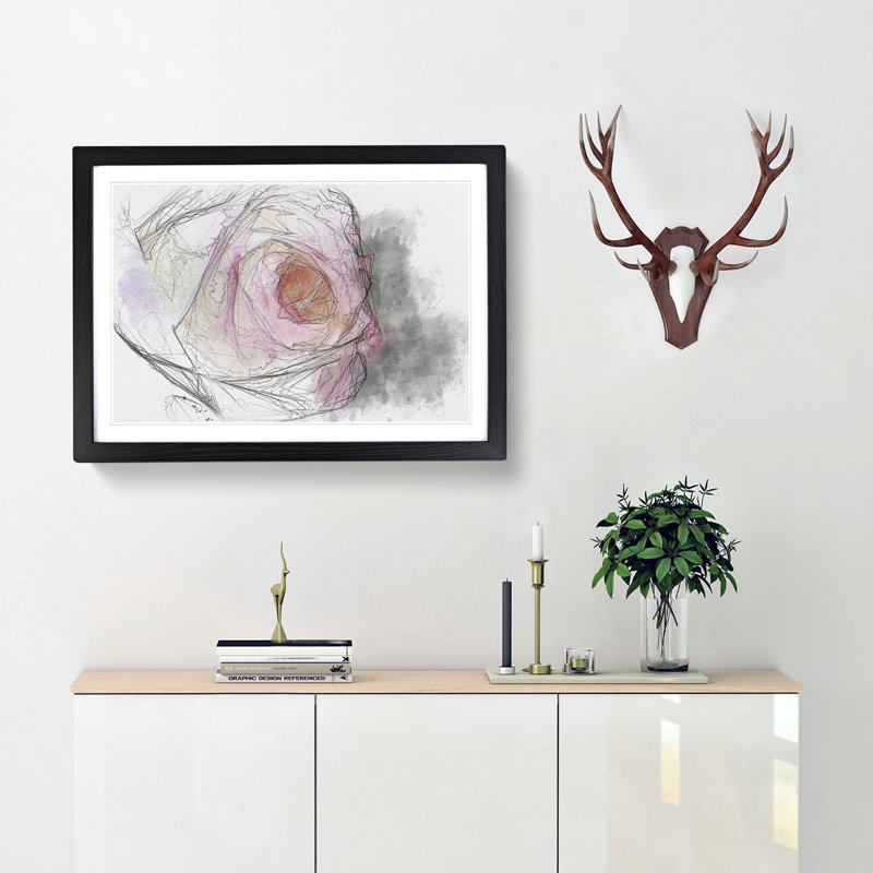 Pink Tipped Rose Sketch - Picture Frame Graphic Art Print, Black Framed, 36cm H x 48cm W x 2cm D