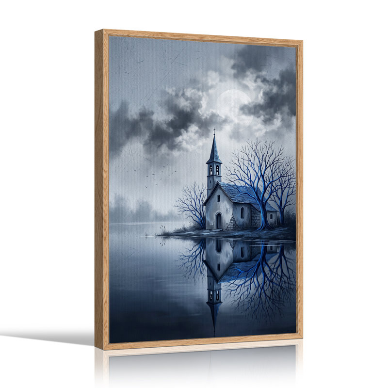 «Moonlit Church with Glowing Blue Trees», art mural sur toile, H 36 po x l 24 po