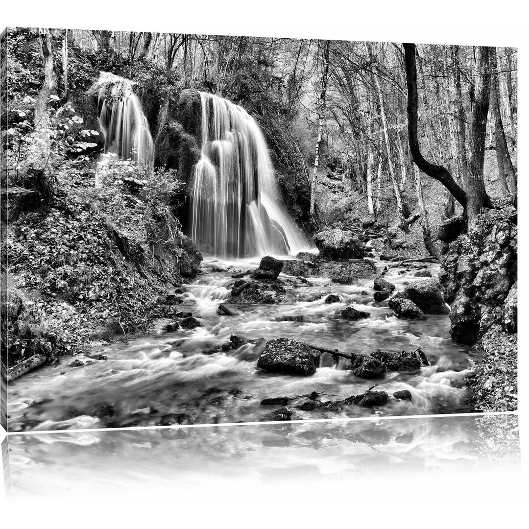 Leinwandbild Atemberaubender Wasserfall im Wald in Monochrom