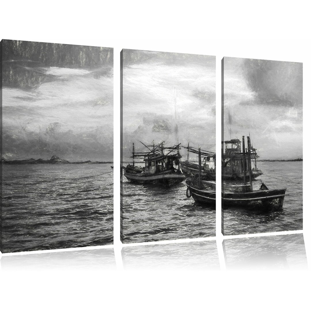 3-tlg. Leinwandbild-Set „Thailändische Fischerboote im Meer“, Kunstdruck