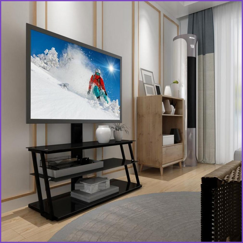 TV Furniture, Modern Black Tempered Glass Swivel TV Stand | Fits 32-65 Inches | Black | Glass