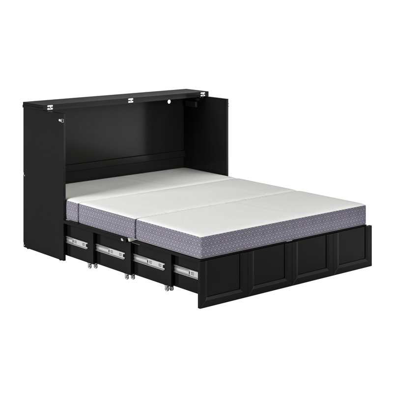Commode-lit escamotable en bois avec matelas 6 po, tiroir de rangement et chargeur intégré Athena, Noir