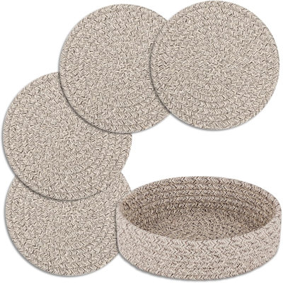 Trivets for Hot Dishes, Pots and Pans, Heat Resistant Hot Pads with Storage Basket (Brown 4 Pcs)