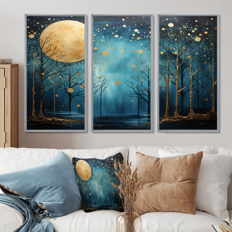 Azur Ascension clair de lune forêt - ensemble de décoration murale lune, H 28 po x l 36 po, Cadre argenté flottant
