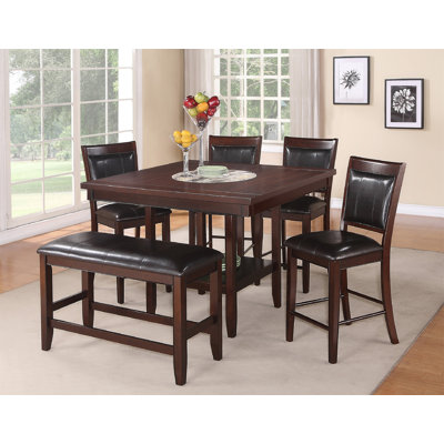 6Pc Dining Set Contemporary Farmhouse Style Counter Height Lazy Susan Dark Brown Espresso Finish Faux Leather Upholstered Chairs Bench Wooden Wood Ven -  Wildon HomeÂ®, EF7DD30C25374FF082DF280091B21529