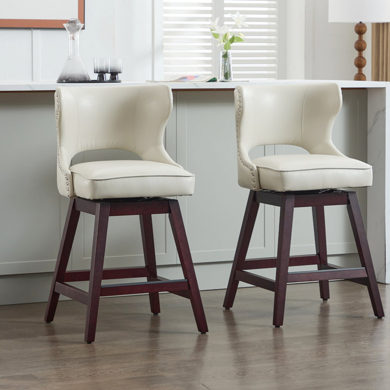 26" Solid Wood Swivel Counter Stool, Beige, 2