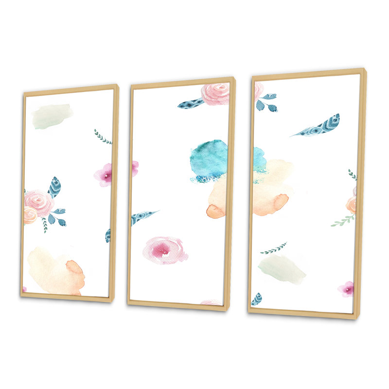 Fleurs abstraites roses et bleues - ensemble d'art mural sur toile traditionnel encadré de 3, H 20 po x l 36 po x P 1 po