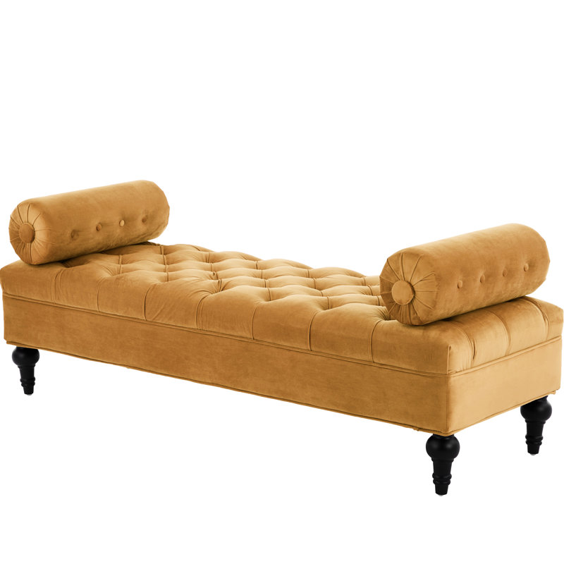Repose-pieds jaune moderne, banc rembourré en velours avec 2 coussins amovibles, bout de lit, style élégant, design de construction,