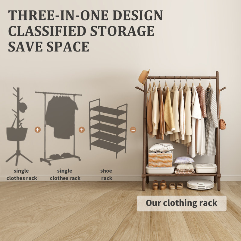Solid Wood Clothing Rack, Freestanding Garment Organizer with Bottom Shelf and Side Hooks, Brown