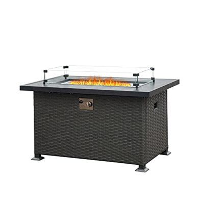 Patio Gas Fire Pits, 43.3 Inch Table With Glass , 50,000 Heat, Rust- Metal, All-Weather Decoration, Quality Pit Table, Wind Metal Construction, Pe , Dark Grey Appearance