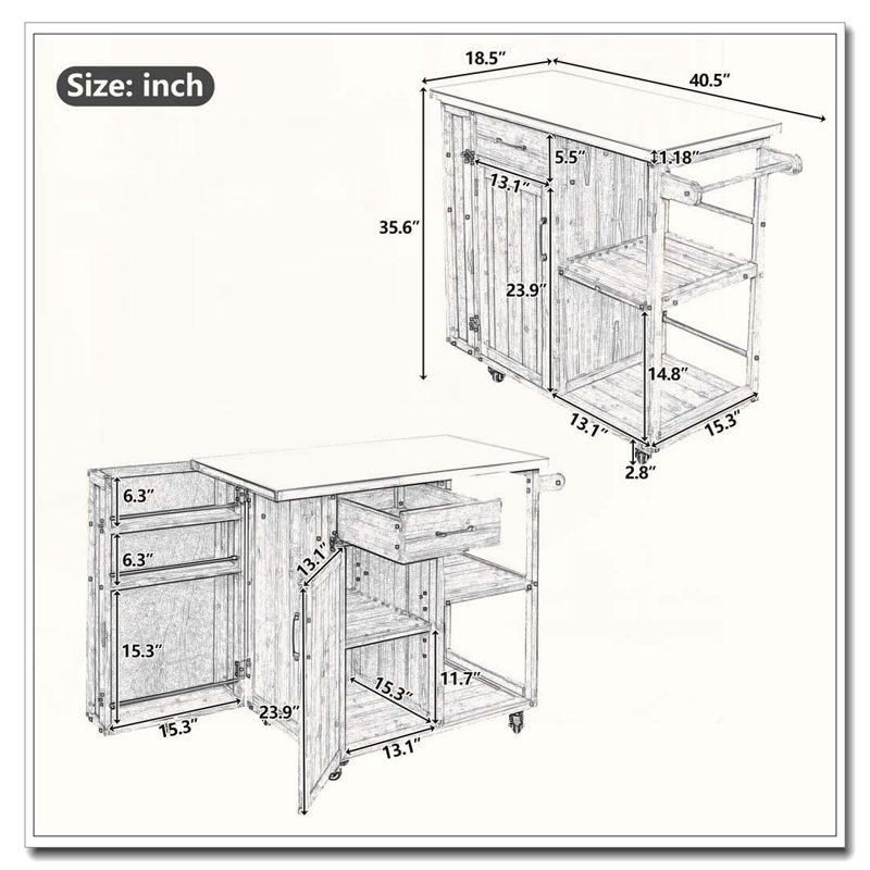 Outdoor Kitchen Island Fir Wood Prep Station Lockable Kitchen Cart with Stainless Top, Ample Storage Space, Dark Brown