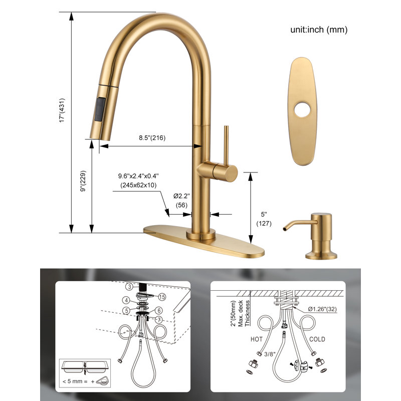 Gooseneck High Arc Single Handle Pull Down Kitchen Faucet With 2 Modes Sprayer And Soap Dispenser, Brushed Gold
