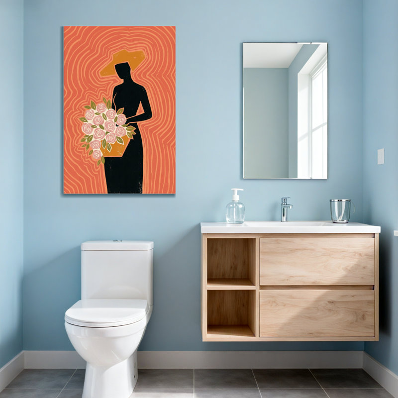Plantes et fleurs, silhouette de femme tenant un bouquet sur fond orange