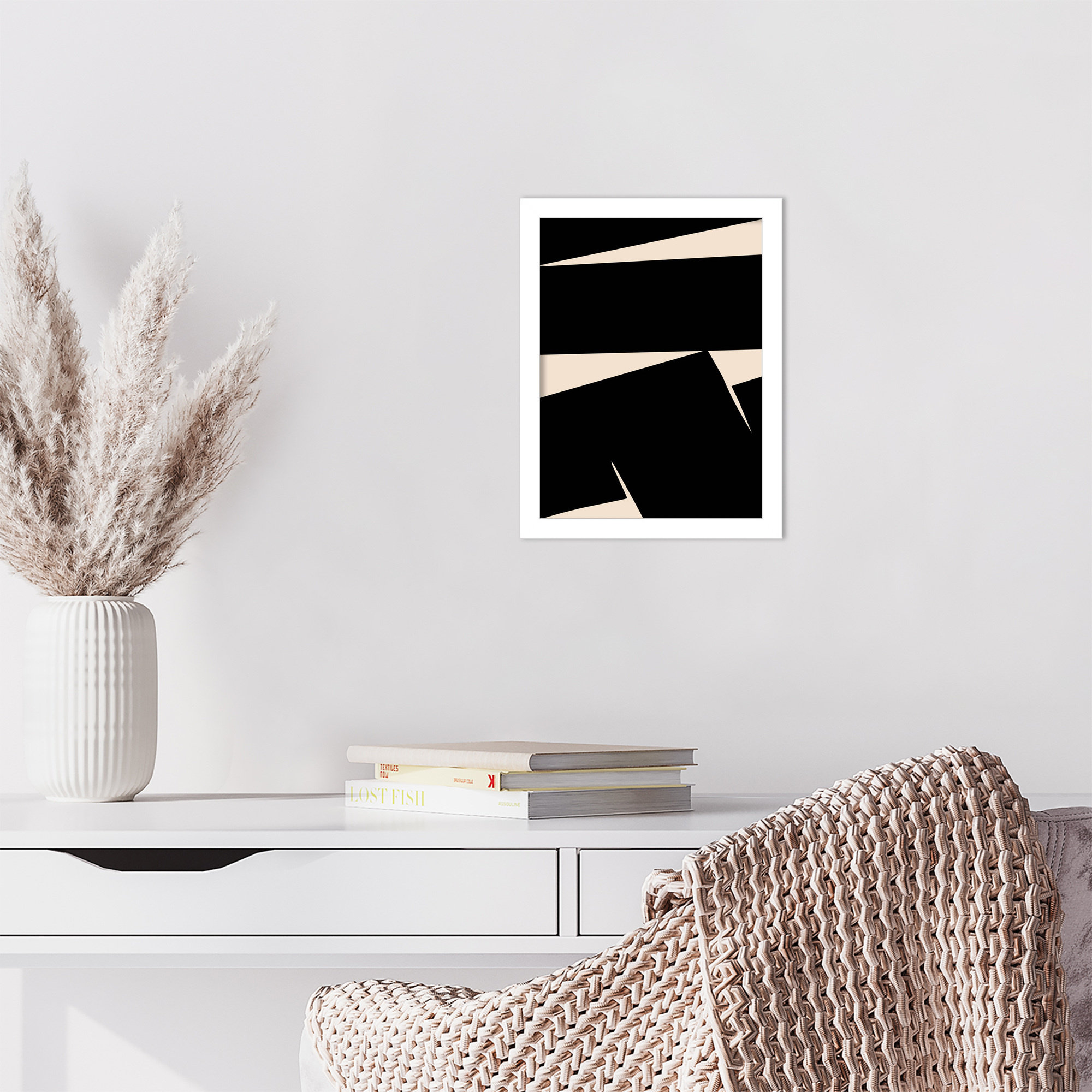 Black Plain Abstract by Little Dean Wood Framed Wall Art Print, 13" H x 10" W, White