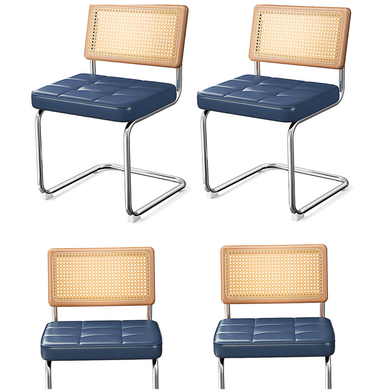 Ensemble de 4 chaises de salle à manger en rotin naturel, chaises de salle à manger modernes avec dossier en bois massif pour le salon de la cuisine, inspiré du design Mid-Century Breuer, similicuir rembourré (bleu)