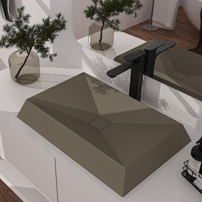 Concrete Rectangular Bathroom Vessel Sink Art Basin With X Diversion Line And The Same Color Drainer (Taupe Clay)