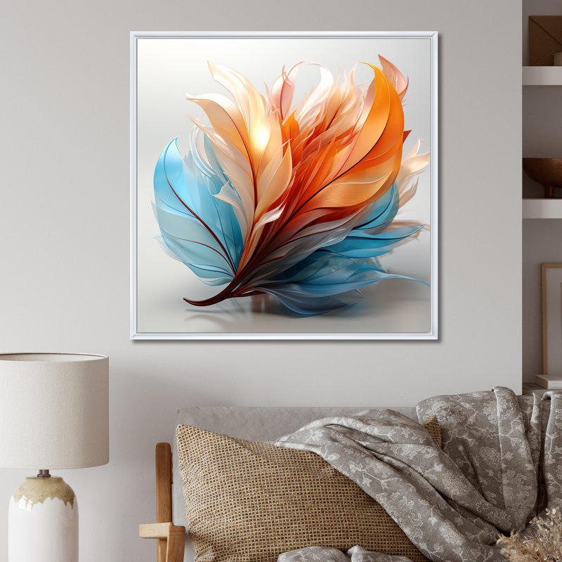Fractal, plume d'ambre orange et turquoise I - art mural de plumes pour le salon, Reproduction avec cadre flottant, Blanc