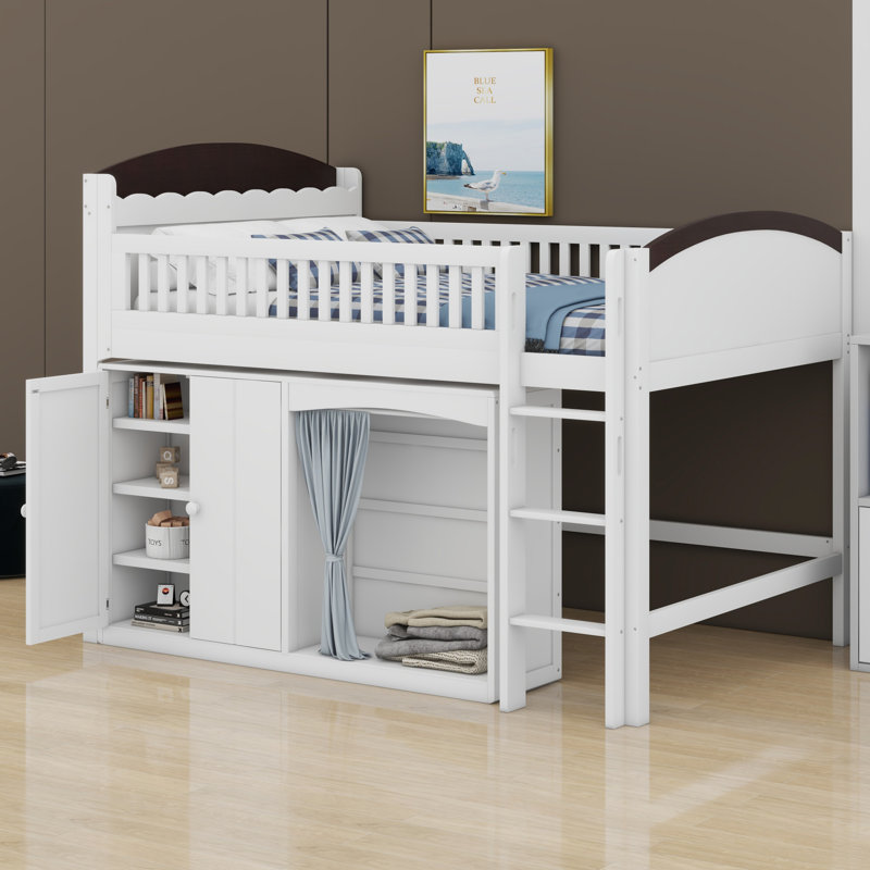 Space-Saving Loft Bed with Built-in Wardrobe, Storage Cabinet & LED, White+Espresso
