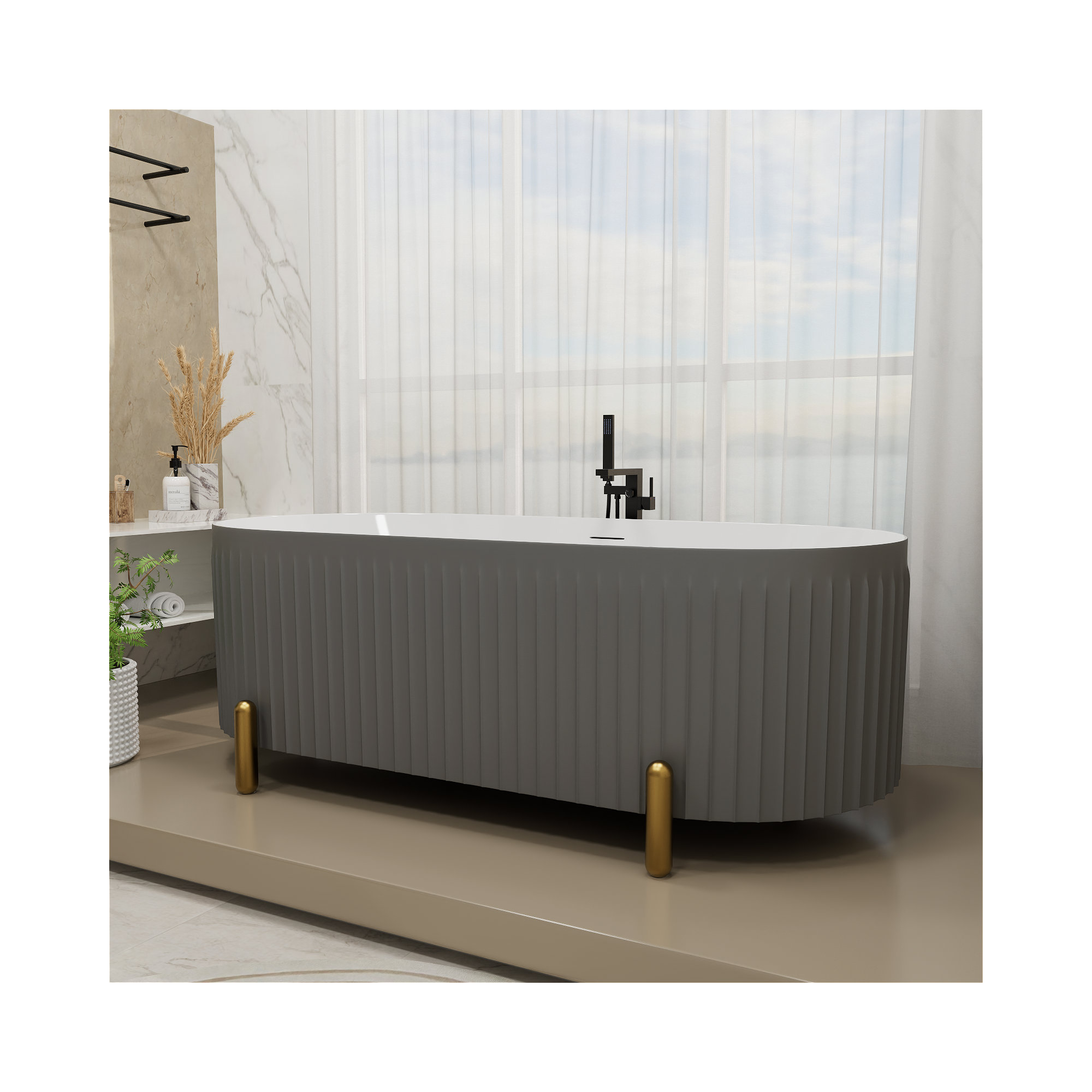 Colour 67" L x 31" W Fluted Freestanding Soaking Acrylic Bathtub with Chrome Drain and Overflow, Gray