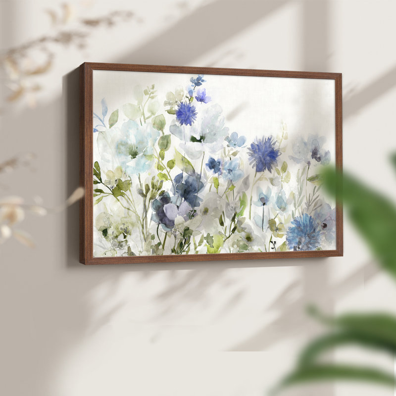 Fleurs sauvages en bleu - reproduction encadrée - réaménageable, H 11 po x l 14 po, Noyer