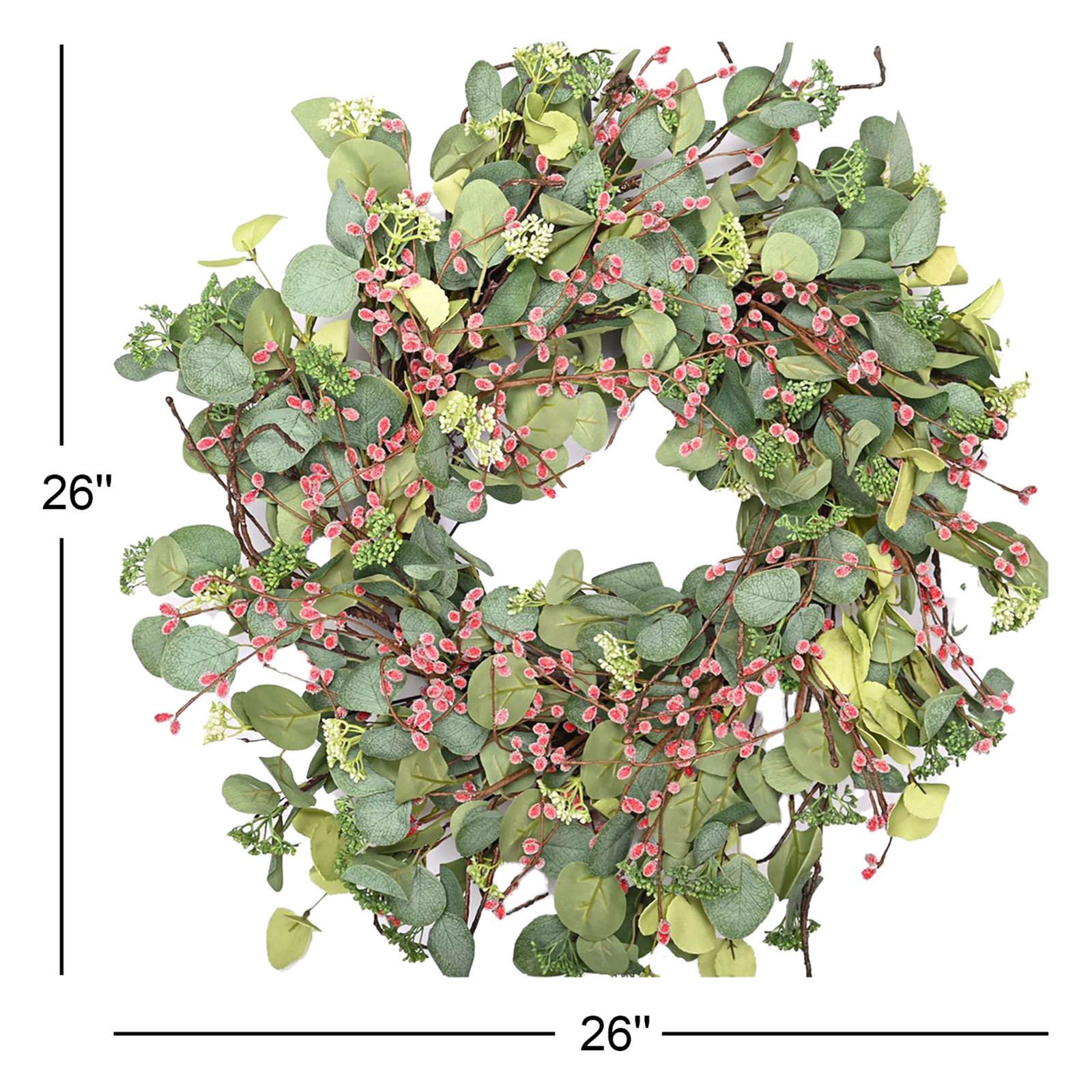 26" Handcrafted Spring Berry Eucalyptus Wreath for Front Door, Green and Pink