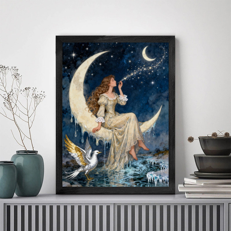 Art mural noir inspiré de la lune, femme encadrée, décorations célestes bohémiennes mystiques, H 17 po x l 13 po