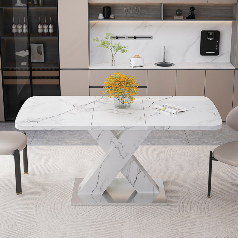 Table de salle à manger extensible moderne avec base en forme de X, White/Gray