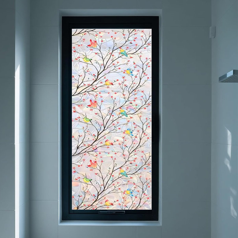 Décalcomanie vitrail 1 pièce en verre oiseau floral éblouissant, autocollants statiques adhésifs 15,7 x 47,2 pouces, film de protection d'intimité pour fenêtre