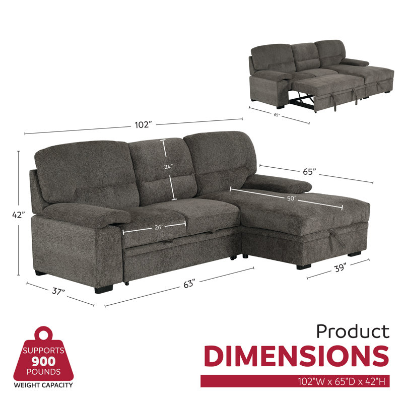 Jordan 93 in. Brown Right Facing L Shaped Sleeper Sectional with Storage