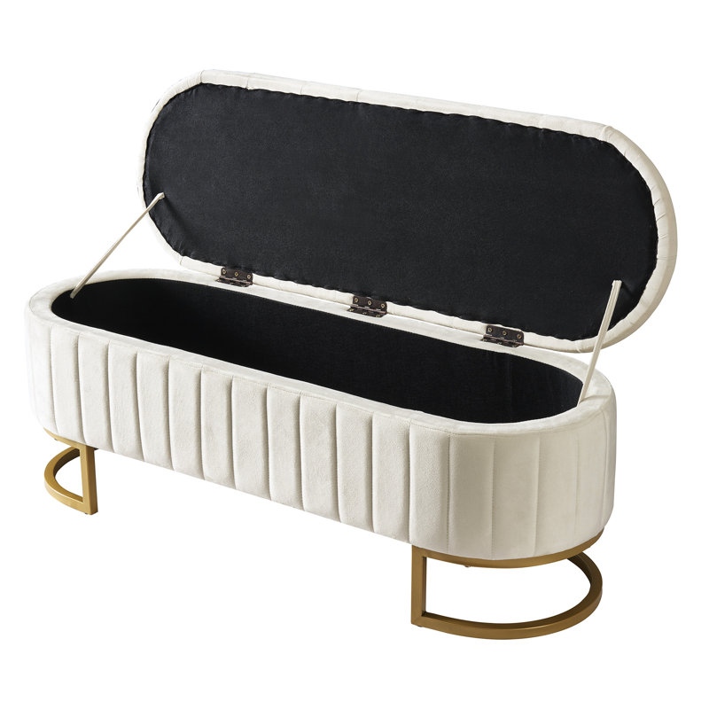 Beige Velvet Storage Bench With Metal Legs And Spacious Interior Button-, Beige