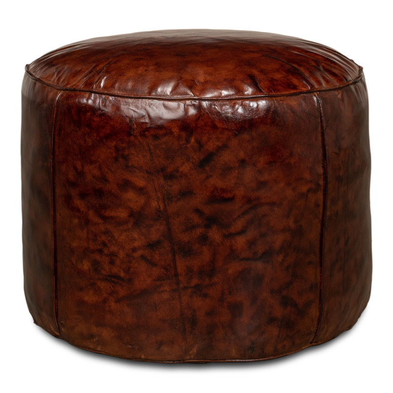 Round Pouf, Brown Genuine Leather