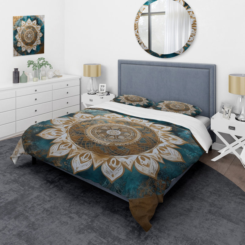Ensemble de housse de couette en microfibre / polyester bleu sarcelle et or Mandala II Bedding