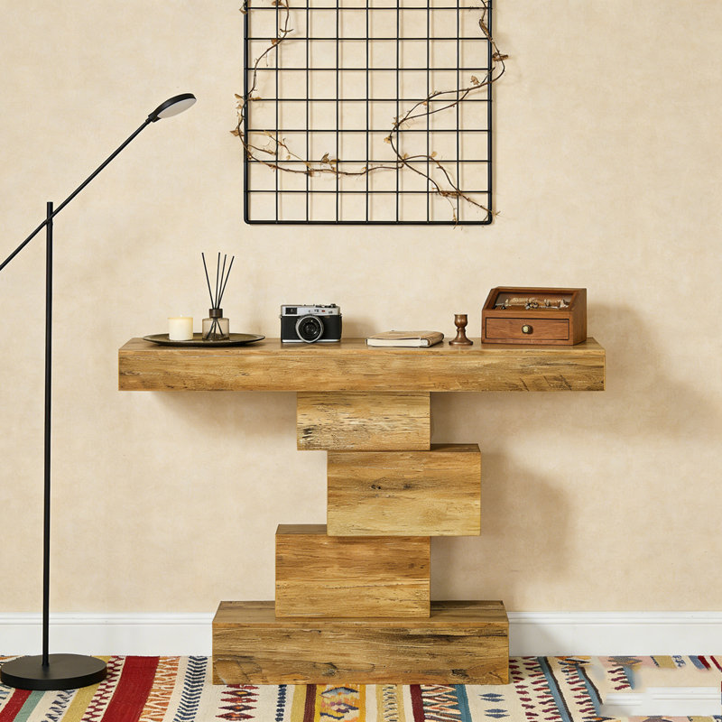 Wood Sofa Table Accent Table with Geometric Base, Light Brown