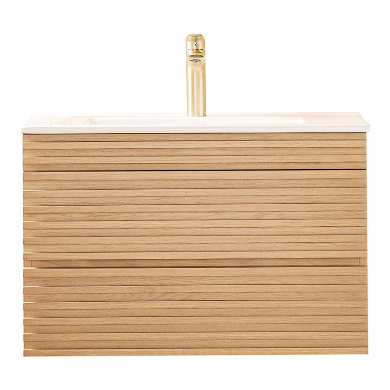 Meuble-lavabo mural avec lavabo en céramique. 30 po x 18 po 19 po. Noyer naturel. Entièrement assemblé. Grandes possibilités de rangement. Contreplaqué. Facile à installer. Plateau propre. Espace de conception stratifié.