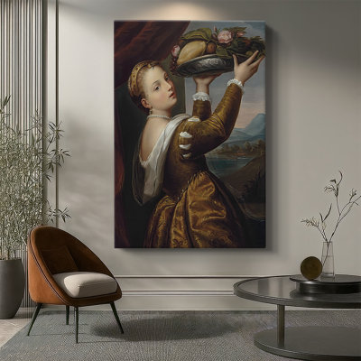Femme avec bol à fruits (d'après le Titien) - Toile tendue avec châssis par Giuseppe Mazzolini