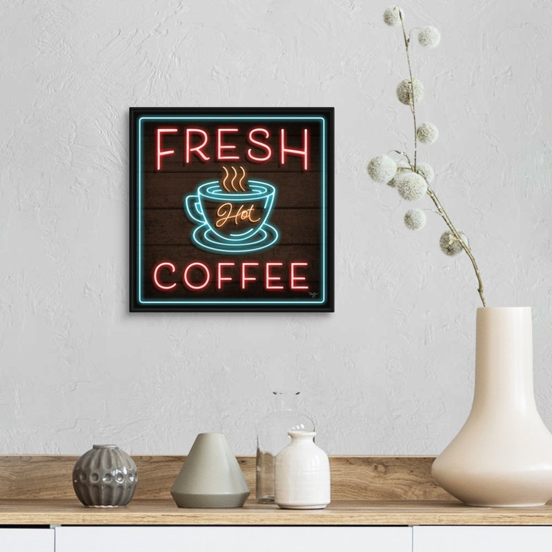 «Neon Fresh Coffee» par Mollie B., reproduction d'art sur toile tendue, H 14 po x l 14 po x P 1,75 po, Cadre noir