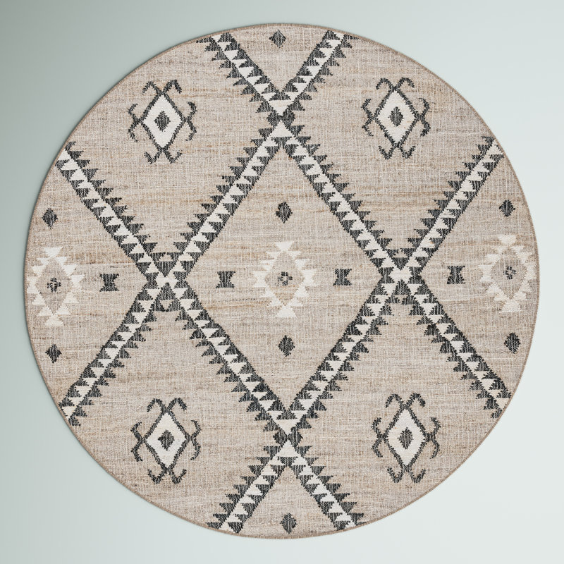 Mabrey Southwestern Handmade Flatweave Jute Area Rug in Gray/Black, Round 7'