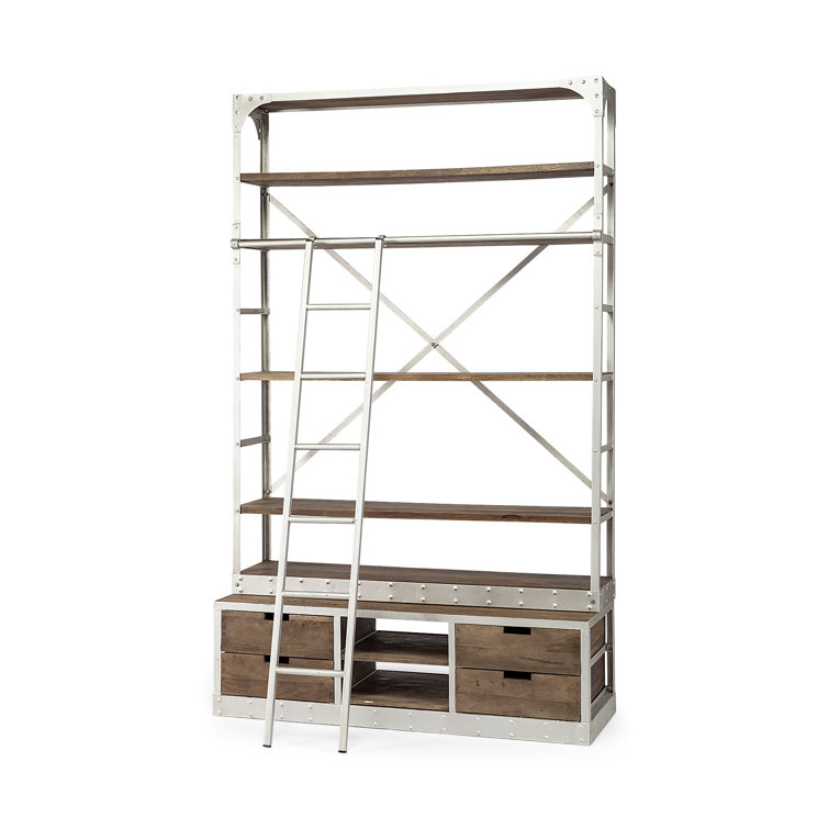 Schlueter 94" Metal and Wood Four Tier Library Bookcase With Ladder