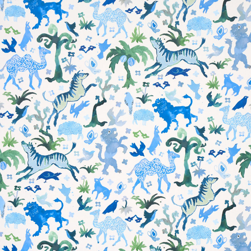 Papier peint Schumacher x Happy Menocal Beasts, Bleu / vert