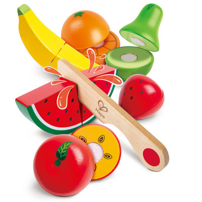Hape: Ensemble de fruits - 7 pièces, ensemble de jeu de nourriture en bois, couteau et fermeture auto-agrippante collent des morceaux de fruits, coupés en deux, jeu de cuisine, jouet réaliste, enfants de 3 ans et plus